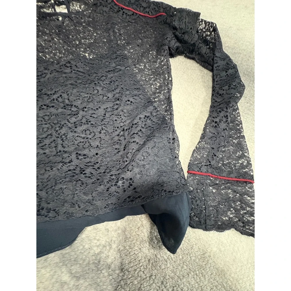 (B6) Zara Navy Blue Floral Lace Long Sleeve Blouse Red Piping Sheer Top XS NWT